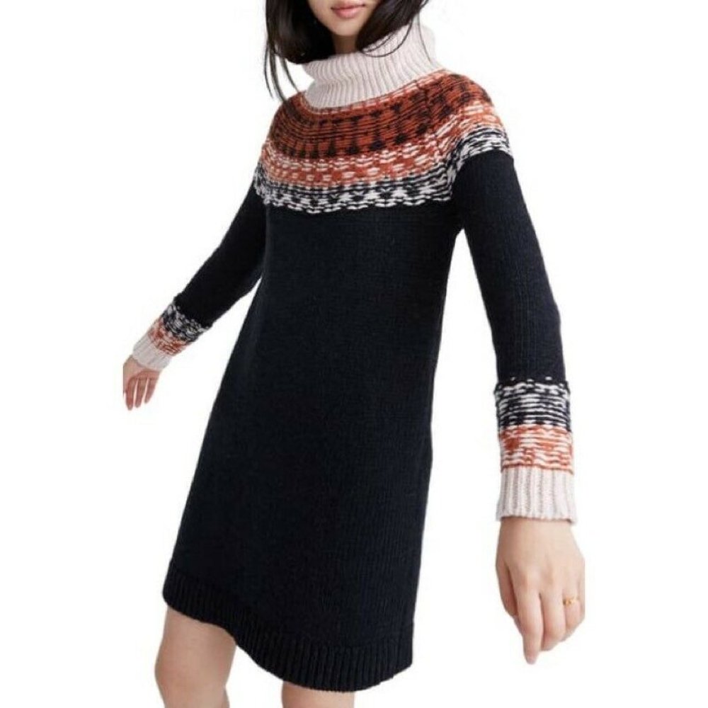 Madewell Fair Isle Turtleneck Sweater Dress Gray